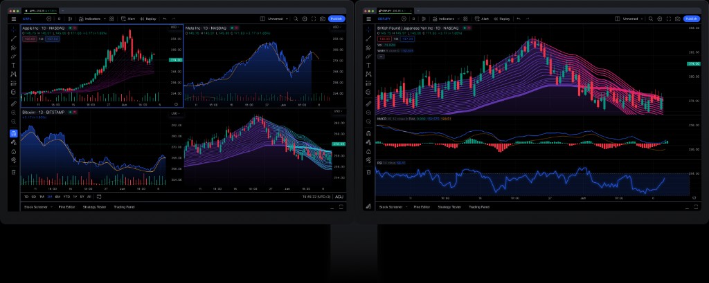 TradingView 桌面版双显示器工作区：左屏多图表布局，右屏单品种多指标分析